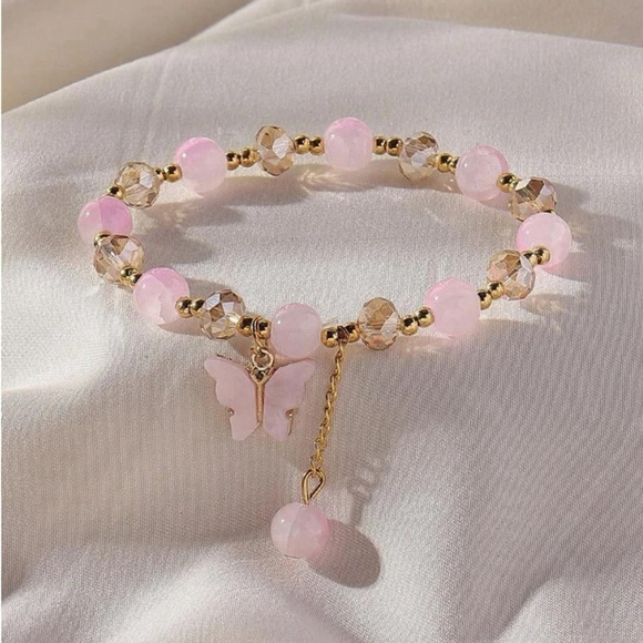 ⚠️Clearance Pink And Gold Flower Charm Beaded Bracelet SS - Picture 1 of 4